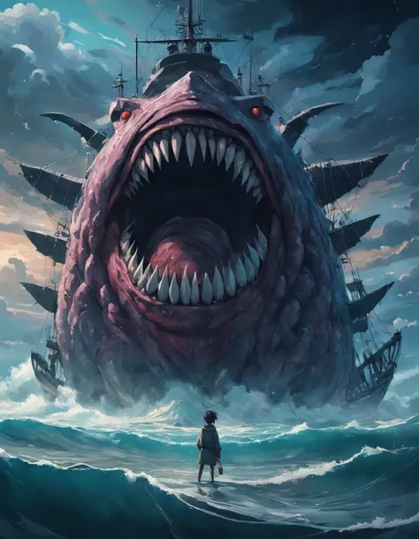 ugly monster, Body shape huge, standing in ocean, tosen, There is a small fishing boat around, A grand spectacle, Oppressive atmosphere, surrealism, Chiaroscuro, Cinematic lighting, Wide shot, Masterpiece, ccurate, Anatomically correct, Super detail, High ...