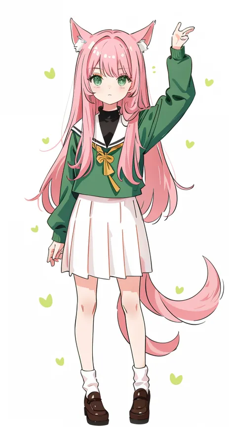 A pink-haired，dual horsetail，cat ear，junior school student，Than heart，teens girl，laughingly，Green eyes