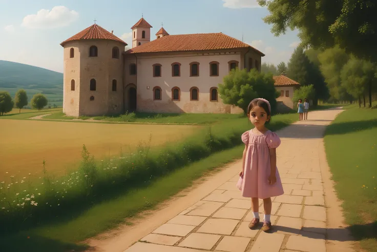 Date: 2005
Country: Bulgaria
Description: A wide-eyed child, dressed in a pastel outfit, explores the grounds of a historic castle nestled in the Bulgarian countryside, captivated by the stories of bygone eras.