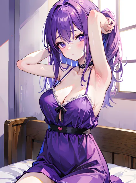 anime girl in purple dress sitting on bed with her hands on her head, seductive anime girl, smooth anime cg art, attractive anime girl, cute anime girl, pretty anime girl, beautiful anime girl, painted in anime painter studio, [ 4 k digital art ]!!, soft a...