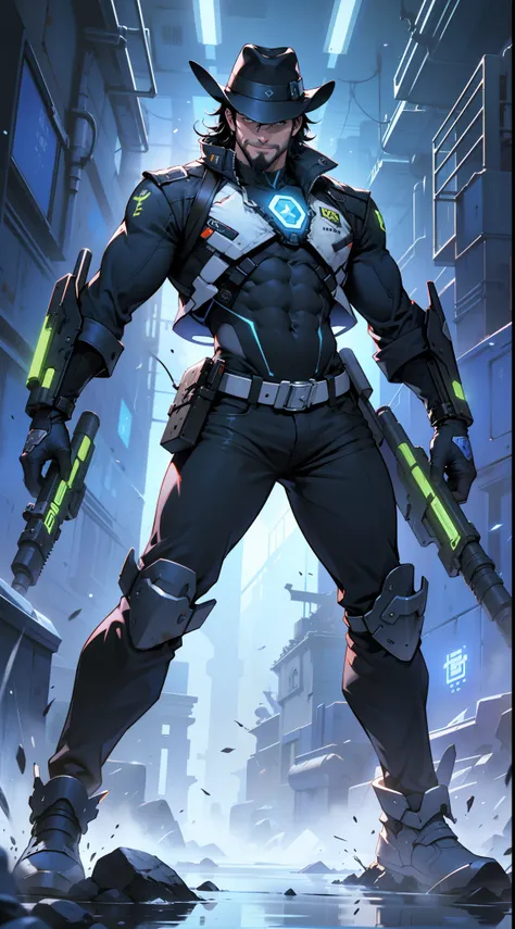 full body shot, 1man, solo, male focus, middle aged man, short hair, black hair, lean muscle, tall, futuristic Gunslinger, futuristic, blue techno cowboy hat, blue neon and gray mechanical clothes, ((hanging a massive relic cannon rifle on the back)), smir...