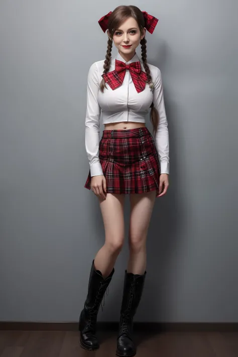 full-body shot, gorgeous mature woman, red tartan short skirt, knee high white socks, button up shirt, midriff, pigtails, cleavage, bowtie, boots, lollipop