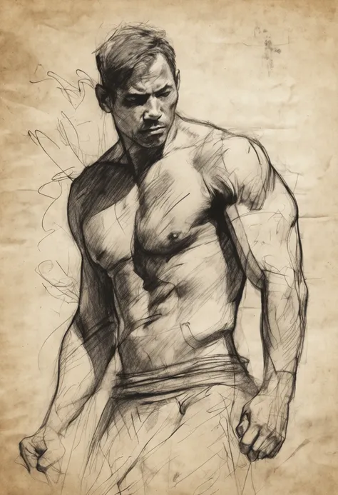 Rough charcoal sketch on old paper, Muscular oriental male image,Dynamic pose,Clean line art,+Expressive lines,Paint in an expressive sketch style, hatching, Black and white sketch, handpainted, Rough charcoal sketch on old paper, Muscular male image,Dynam...