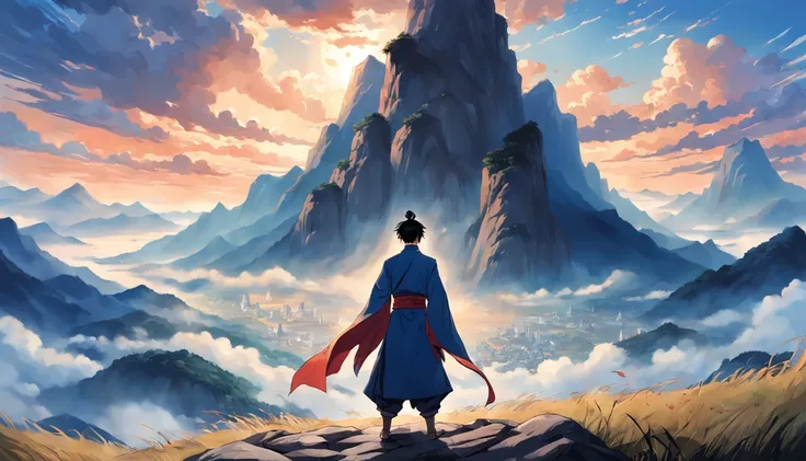 A man of humble background during the Three Kingdoms period of Eastern China，Stand on the top of the mountain，The gaze is firmly fixed on the distant sky。Behind you is a vast land，Symbolizes his ambition to dominate the world。Presented in Manhua style。