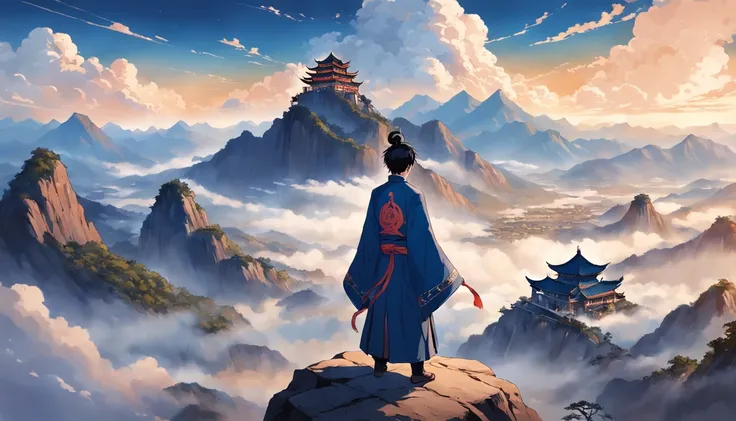 A man of humble background during the Three Kingdoms period of Eastern China，Stand on the top of the mountain，The gaze is firmly fixed on the distant sky。Behind you is a vast land，Symbolizes his ambition to dominate the world。Presented in Manhua style。