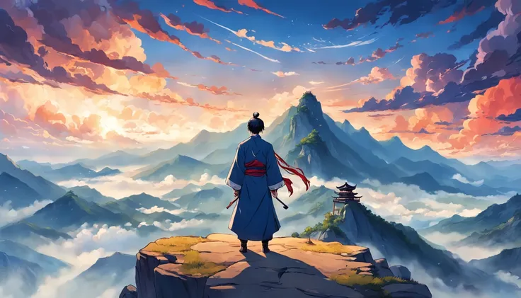 A man of humble background during the Three Kingdoms period of Eastern China，Stand on the top of the mountain，The gaze is firmly fixed on the distant sky。Behind you is a vast land，Symbolizes his ambition to dominate the world。Presented in Manhua style。