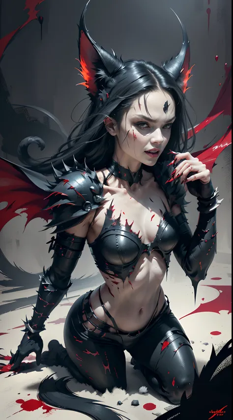 Fierce black cat,Dark red eyes,Close-up of extreme body details,White fangs,Sharp claws,Jump up,blood-stained armor,The armor is tattered,Real scars,Blood dripping,Blood dripped from the corners of the mouth,True blood,Full body like,Prepare for a raid