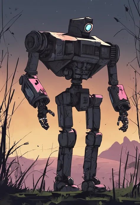 A broken robot was roaming aimlessly across the plains，As if looking for something，The background is dark and depressing，dark art，Top angle of view