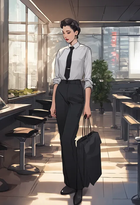 Short hair, white-collar workers，Long black suit，Black professional hip skirt，black lence stockings，Stand upright and look back