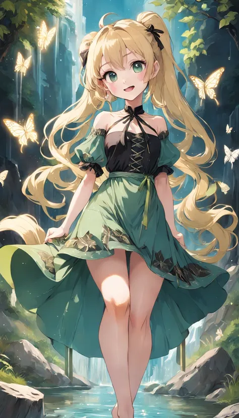 Blonde girl with double ponytail，green color，Faint blue eyes，Black belly，Bare legged，Delicate and sophisticated dress，Tarot cards in hand，Stick out her tongue，Smile playfully，full bodyesbian，The calves are tied with ribbons，Butterflies flutter around，Tread...