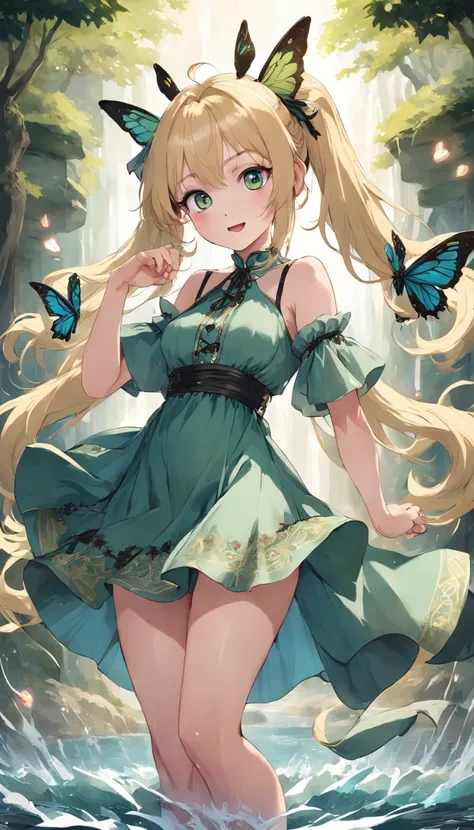 Blonde girl with double ponytail，green color，Faint blue eyes，Black belly，Bare legged，Delicate and sophisticated dress，Tarot cards in hand，Stick out her tongue，Smile playfully，full bodyesbian，The calves are tied with ribbons，Butterflies flutter around，Tread...