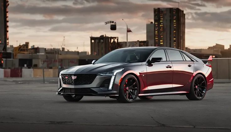 A Cadillac CT4，Silvertone，With Black Wing Modification Kit，Red calipers，The front center net has the Cadillac logo，Highlight the Cadillac CT4 series，Movie wallpaper 4k, Movie 4k wall，Highlight the details，Highlight the tear lamp of the Cadillac CT4