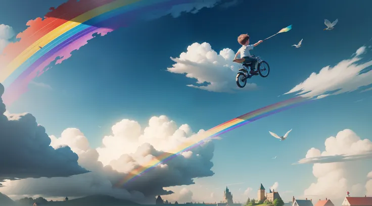 Little boy riding a paintbrush，There are wooden houses with gardens and big trees on the clouds，Colorful birds，floating petal，rainbow in the sky，There are forests on the ground，There are castles in the sky