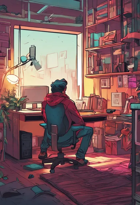 A depressed teenager sits in front of the computer in a hollow daze