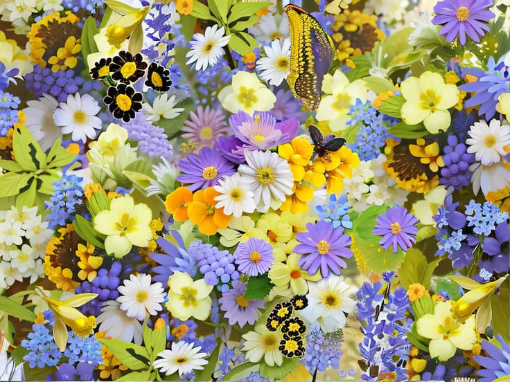 Close-up of a bouquet of flowers，There is a butterfly on it, floral flowers colorful, spring flowers, Garden floral pattern, floral explosion, field of flowers background, Lots of flowers, Many flowers, Flowers everywhere, patchy flowers, indigo blooming f...