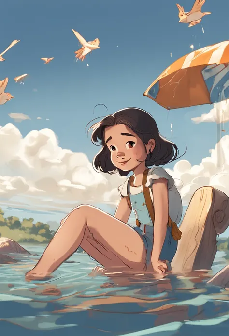 movie picture quality，Disney animation，Disney animated films，A little girl swimming in the sky sitting on a koi，Short hair and small braids，Denim suspenders，The barefoot，depth of fields，high light，Real light，Ray traching，oc rendered，Hyper-realistic，best qu...