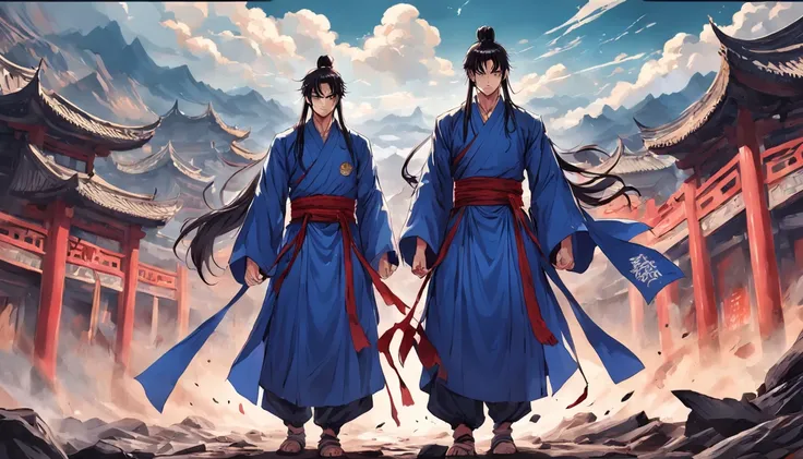 Three handsome and mighty men in the Three Kingdoms of Eastern China，Stand hand in hand，Their eyes revealed determination and determination。It was surrounded by a ruined landscape，Symbolizes Dong Zhuos tyranny。Presented in Manhua style。