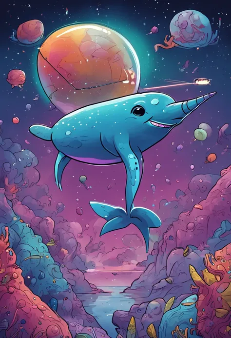 Narwhal floating in space with helmet