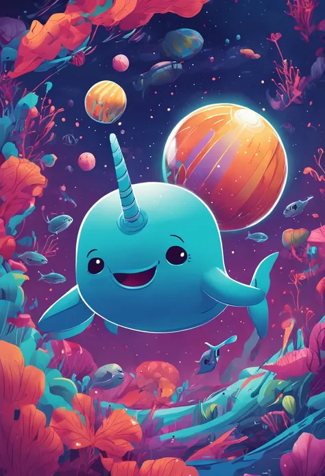 Narwhal floating in space with helmet