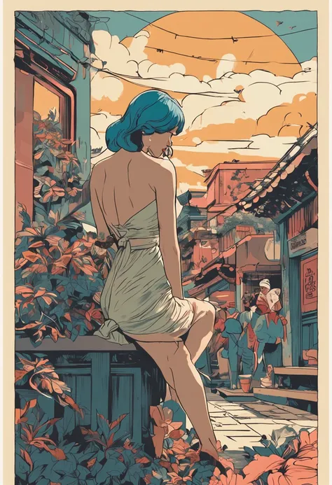 Korean party poster, Bewitching posture, The waist curved like a bow, all nude, Bright sunlight, plein air, the street , Next to the tree, Party, sexy, Blue-haired, 1girl