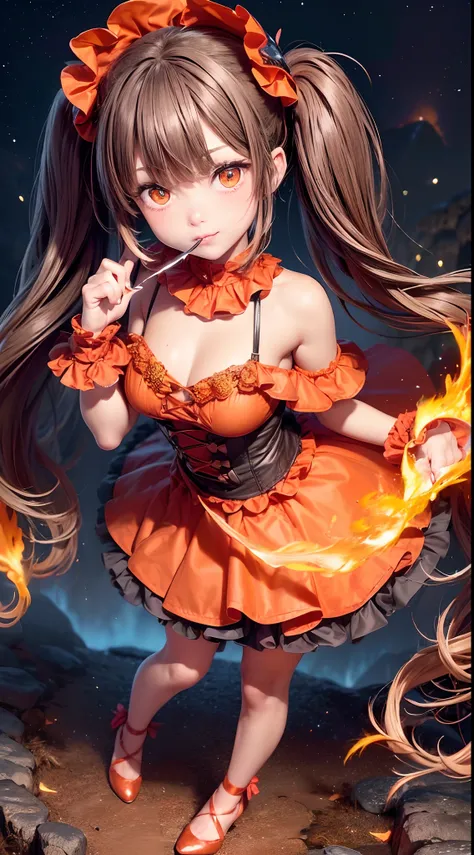 (fullbody, legs and shoes visible: 1.2)) expressive eyes, woman, pale skin, long hair, windblown hair, ((long hair)), long sidelocks, hime bangs, hair fringe, hair bun, ((long twintails)), flaming hair, red hair, blushing, full face blushing, big sparkling...