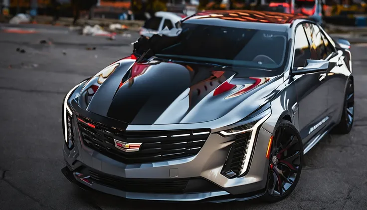 Cadillac CT4，Silvertone，With Black Wing Modification Kit，Red calipers，The former central net has the Cadillac logo，Focus on the Cadillac CT4 series，matte digital illustration, Paper awesome wallpaper, Matte paint movie poster，Movie wallpaper 4k, Movie 4K w...