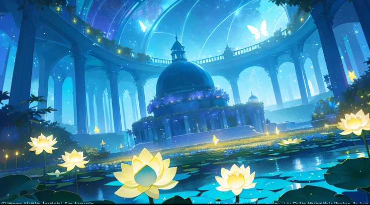 (top quality, masterpiece, ultra-realistic), night, starry skies, magical indoor botanical garden, dome, sparkling bioluminescent river, lots of flowers, lotus, glowing butterflies, background landscape is a garden with petals and papas flying around. --v6