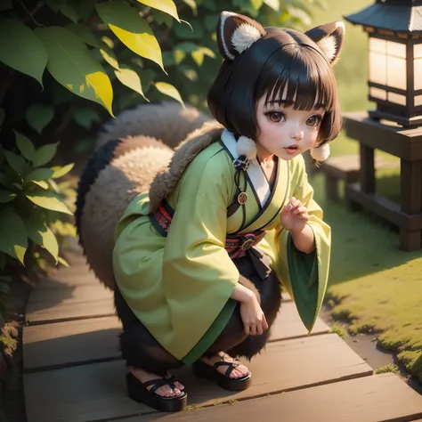 Female idol covered in raccoon dog（Cute mini kimono）、Looks fun、full body Esbian、Brown and green、Raccoon dog figurine