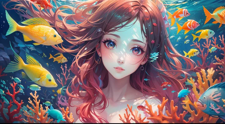 A mermaid looking at a colorful and diverse underwater world inside the sea，(ocean floor、Marine life、Beautiful coral reef、The fish),Messy painting style，Hair flows in water