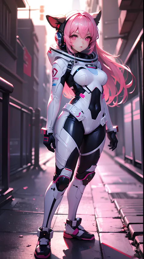 （tmasterpiece：1.3），（best qualtiy：1.3），3D，8K，.1girll，独奏，Pink hair，Pink eyes，shelmet，full bodyesbian，Spacesuit，tightsuit，mitts，standing on your feet，Q version