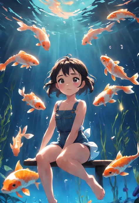 movie picture quality，Disney animation，Disney animated films，A little girl swimming in the sky sitting on a koi，Short hair and small braids，Denim suspenders，The barefoot，depth of fields，high light，Real light，Ray traching，oc rendered，Hyper-realistic，best qu...