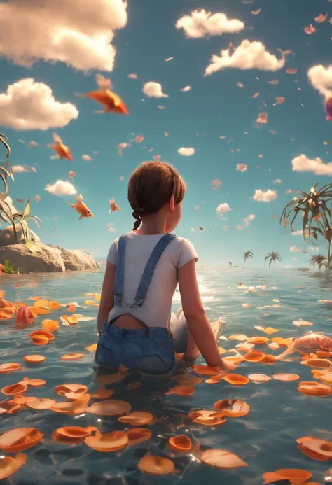 movie picture quality，Disney animation，Disney animated films，Little girl swimming in sky sitting on koi，Short hair and small braids，Denim suspenders，The barefoot，depth of fields，high light，Real light，Ray traching，oc rendered，Hyper-realistic，best qualtiy，8K...