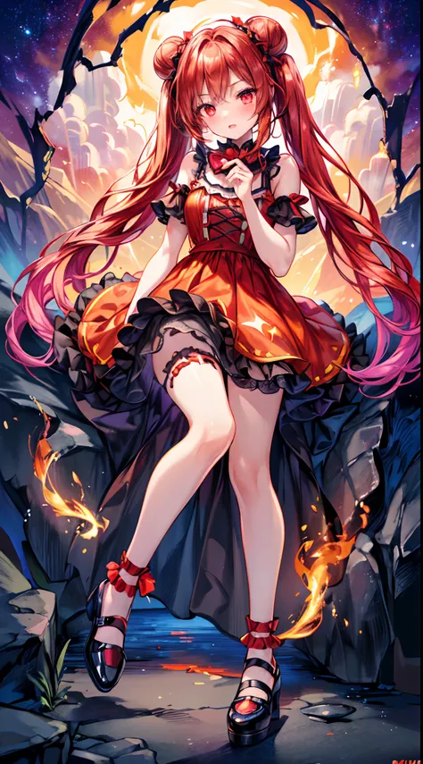 (fullbody, legs and shoes visible: 1.2)) expressive eyes, woman, pale skin, long hair, windblown hair, ((long hair)), long sidelocks, hime bangs, hair fringe, hair bun, ((long twintails)), flaming hair, red hair, blushing, full face blushing, big sparkling...