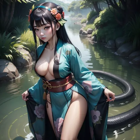 Female idol covered in snakes（Kimono with slit）、Looks fun、full body Esbian、Dark light blue、wet lands