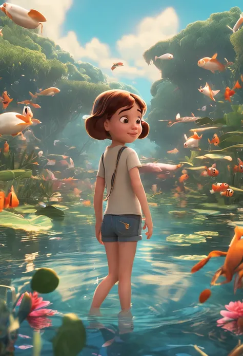 movie picture quality，Disney animation，Disney animated films，Little girl swimming in sky sitting on koi，Short hair and small braids，Denim suspenders，The barefoot，depth of fields，high light，Real light，Ray traching，oc rendered，Hyper-realistic，best qualtiy，8K...