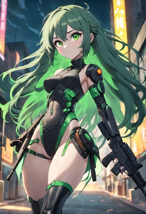 Green hair，Brown pupils，Modern clothing，Disability in both legs，Feminine appearance，Armed with a P90 submachine gun，There are equipped exoskeletons，There is a green glow around him，ember