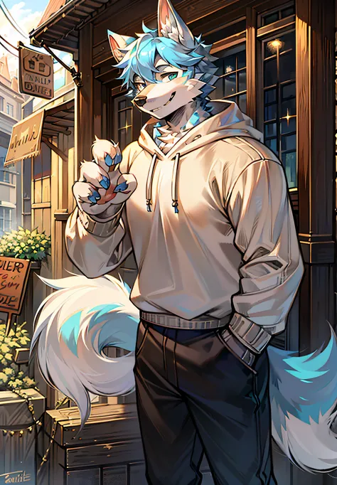 coyote，Light blue hair，Sepia eyes，large and bright eyes，Wolf ears，s the perfect face，No spots，The smile exudes incomparable handsomeness，，The presence of humanoid creatures，A masterpiece of smiling，High quality work，The mouth and stomach are dotted with wh...