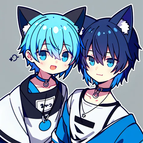 1boys，Blue short hair，Blue and white cat ears，Black and white sweatshirt，ear phone，coda，laughingly