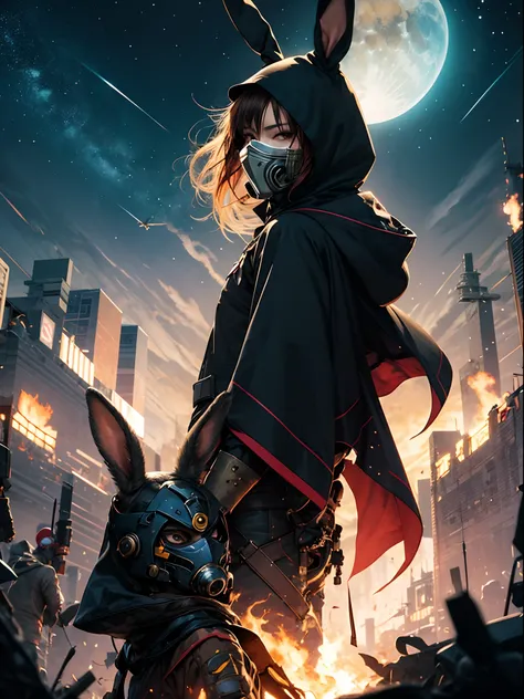 Bunny, anime, furry, use mask, black cape with hood