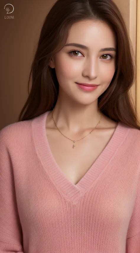 ((Night, Realistic Light, Best Quality, 8K, Masterpiece: 1.3)), 1girl, Slim Beauty: 1.4, Abs: 1.1, (Brown hair, Medium breasts: 1.3), Long pink sweater: 1.1, Bathroom, Super fine face, Delicate eyes, Double eyelids, smile, necklace