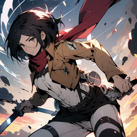 masterpiece, best quality, highres, hmmikasa, short hair, black eyes, scarf, emblem, belt, thigh strap, red scarf, white pants, brown jacket, long sleeves, holding weapon, sword, dual wielding, three-dimensional maneuver gear, fighting stance, sky,