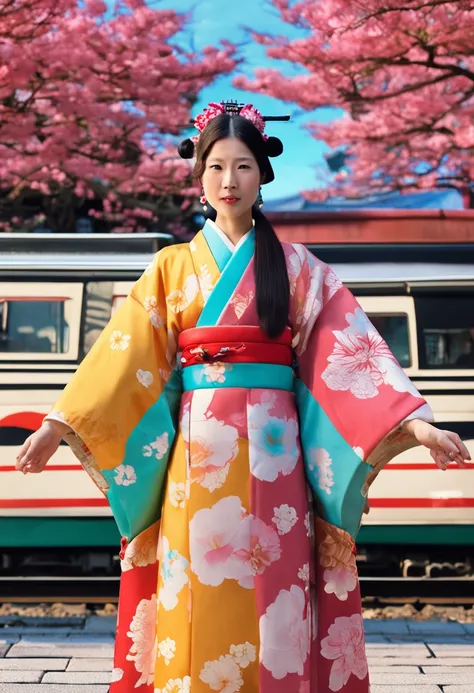 Sightseeing spots in Kyoto, Shinkansen in the background, Farbe々Girl in Japanese clothes with flower pattern, Sunnyday, Maiko coming and going, Tourists in Dae Rong