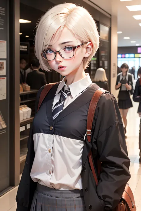 schoolgirls，with glasses，white skinned，Small chest，Short hair，in mall