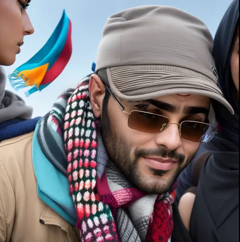 arafed man wearing a scarf and hat with a woman wearing a scarf, profile picture 1024px, ahmad merheb, mohamed chahin, very very low quality picture, jamel shabbaz, shabab alizadeh, by Robert Zünd, darius zawadzki, headshot profile picture, eytan zana