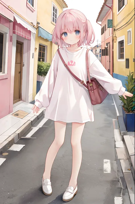 Girl standing on the street of a Mediterranean port town, white loose long-sleeved T-shirt, wearing small pink leather shoes, her left hand naturally hanging down her right hand Biye