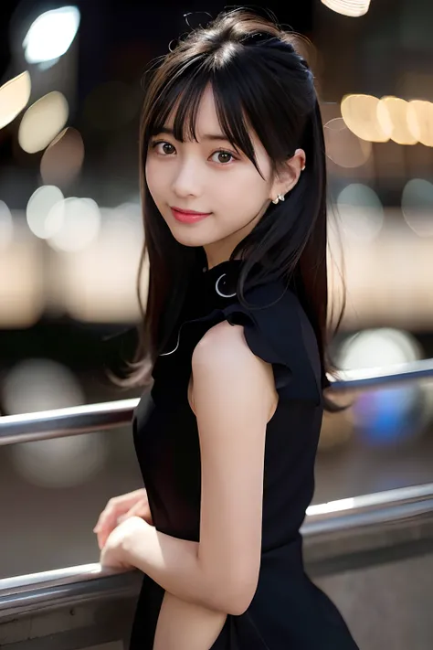 8K,Best Quality,masutepiece,超A high resolution,(photographrealistic:1.4),1girl in,(beautiful grey eyes),Black hair,(Rob Medium Hair),air bang,(ear),((Beautiful and detailed female thin face)),(Cute smile),((Dynamite Body)),(small nose),(Night light),(Rim L...