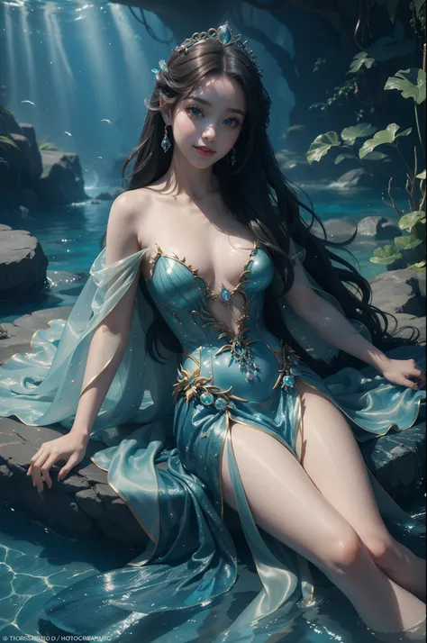 The Little Mermaid、((top-quality、​masterpiece、photographrealistic:1.4、8K))、Beautuful Women、Beautiful expression、extremely detailed eye and face、beatiful detailed eyes、Little Mermaid、（Mysterious and natural dress）、（In a cave under the sea、Imagine the Little...