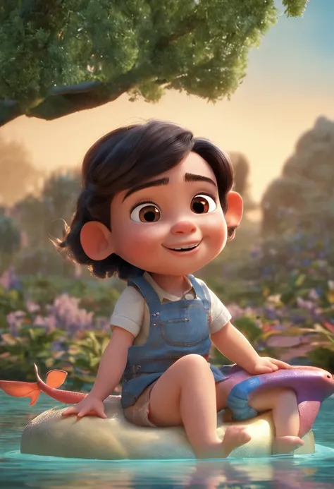 movie picture quality，Disney animation，Disney animated films，Chubby little girl sitting on a koi swimming in the sky，Short hair and small braids，Denim suspenders，The barefoot，depth of fields，high light，Real light，Ray traching，oc rendered，Hyper-realistic，be...