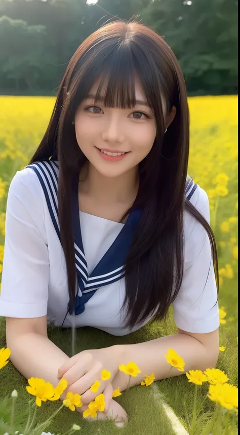 A smiling girl，Wear a tight sailor suit，denim pant，Lying on a large mossy rock in the middle of a field of rape flowers，com rosto detalhado，The eyes are delicate，The photo quality is the best，Realistic image quality，Background diffuse lighting，Depth of fie...