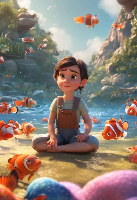 movie picture quality，Disney animation，Disney animated films，Chubby little girl sitting on a koi swimming in the sky，Short hair and small braids，Denim suspenders，The barefoot，depth of fields，high light，Real light，Ray traching，oc rendered，Hyper-realistic，be...